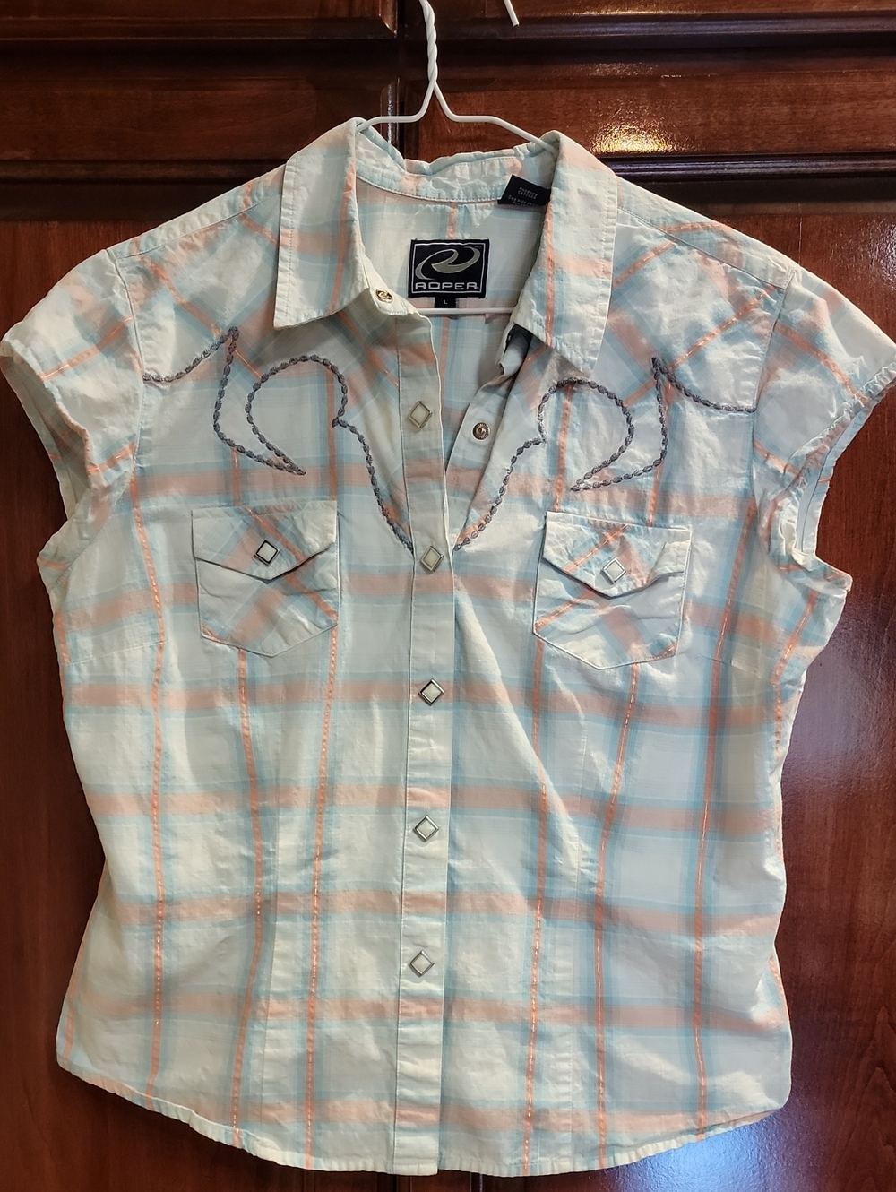 Roper Plaid Cap Sleeve Western Shirt - Light Blue & Peach